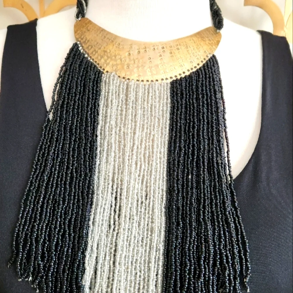 Hand Hammered Brass, White and Black Beaded Statement Necklace - Picture 12 of 17
